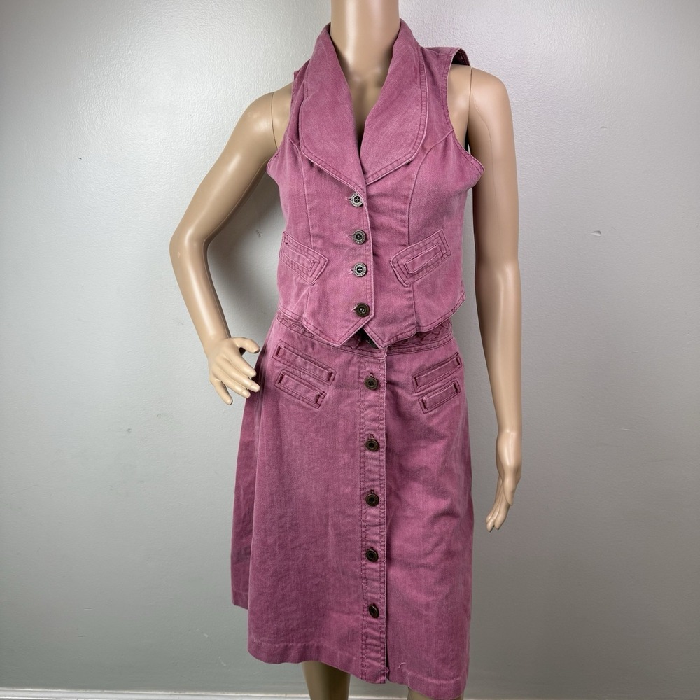 70s Women's Two-Piece Pink Denim Vest (5/6) & Skirt (9/10) Braided Details Small